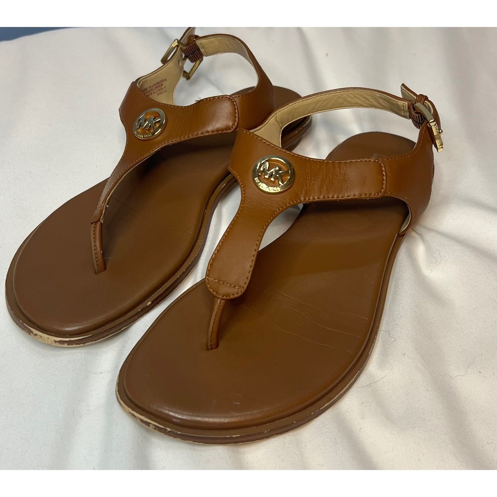 Michael Kors Brown Leather Flat Sandals MK Logo Thong Slingback Women's Size 6